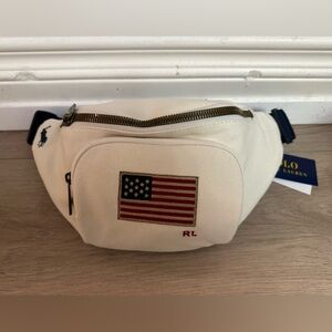 NWT Polo Ralph Lauren Fannypack Waist Bag Cream Color Canvas USA Flag